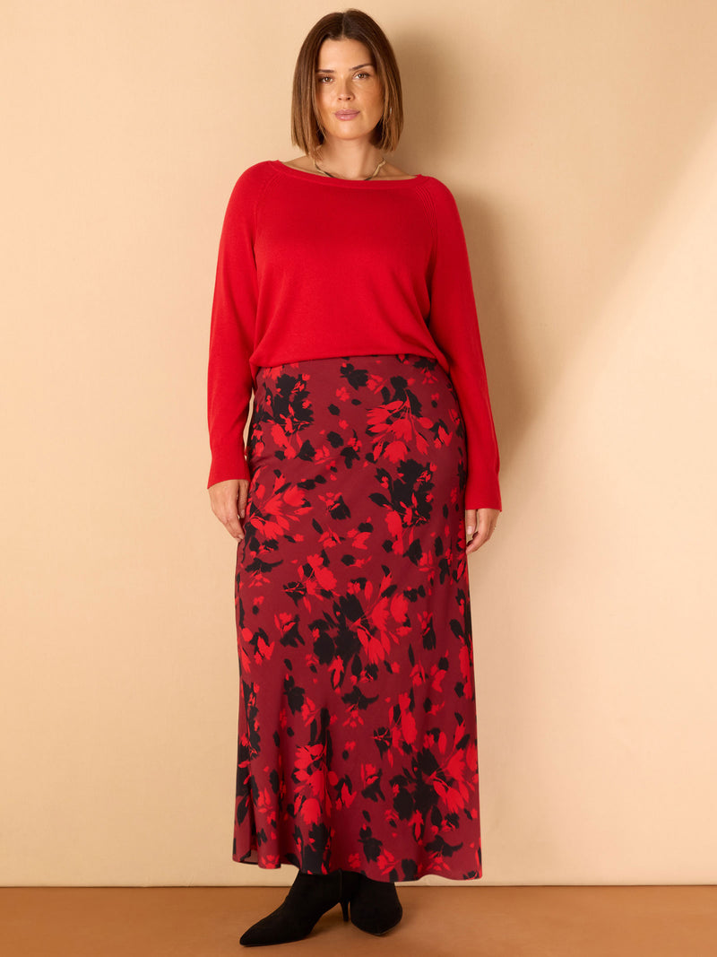 Red Floral Print Bias Cut Midaxi Skirt