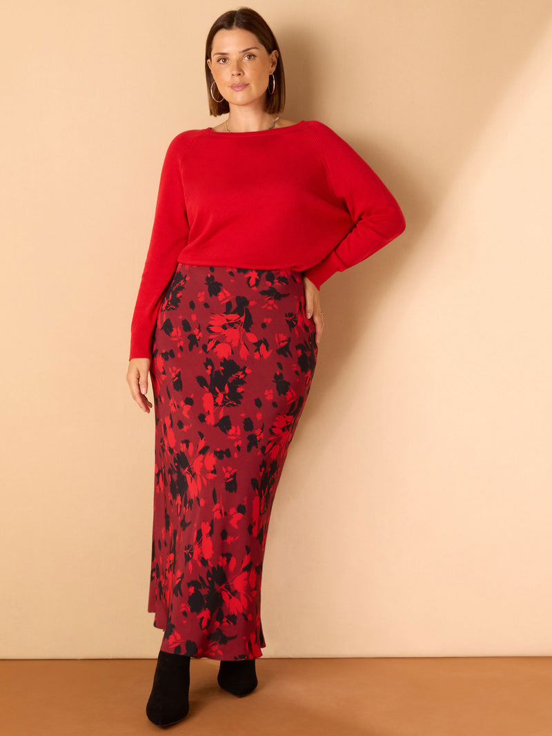 Red Floral Print Bias Cut Midaxi Skirt