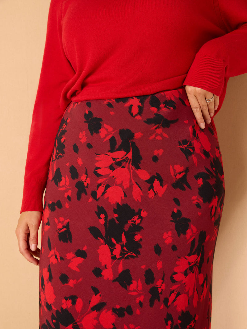 Red Floral Print Bias Cut Midaxi Skirt