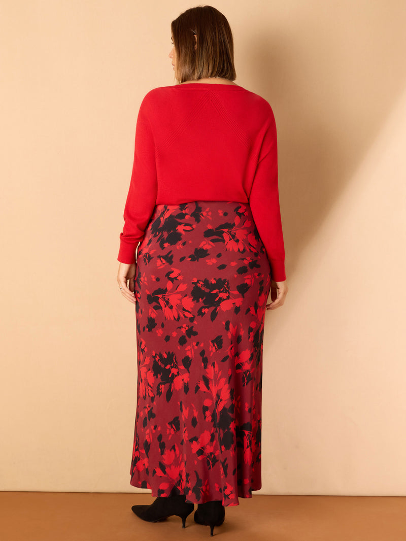 Red Floral Print Bias Cut Midaxi Skirt