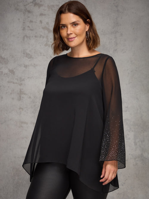 Black Sheer Embellished Sleeve Layered Tunic