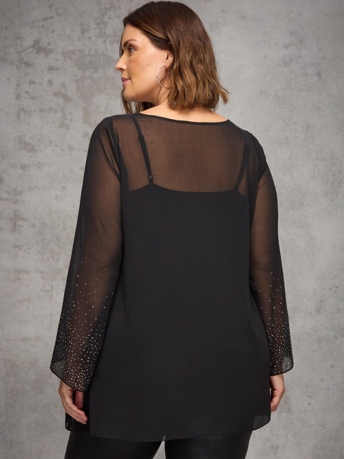 Black Sheer Embellished Sleeve Layered Tunic