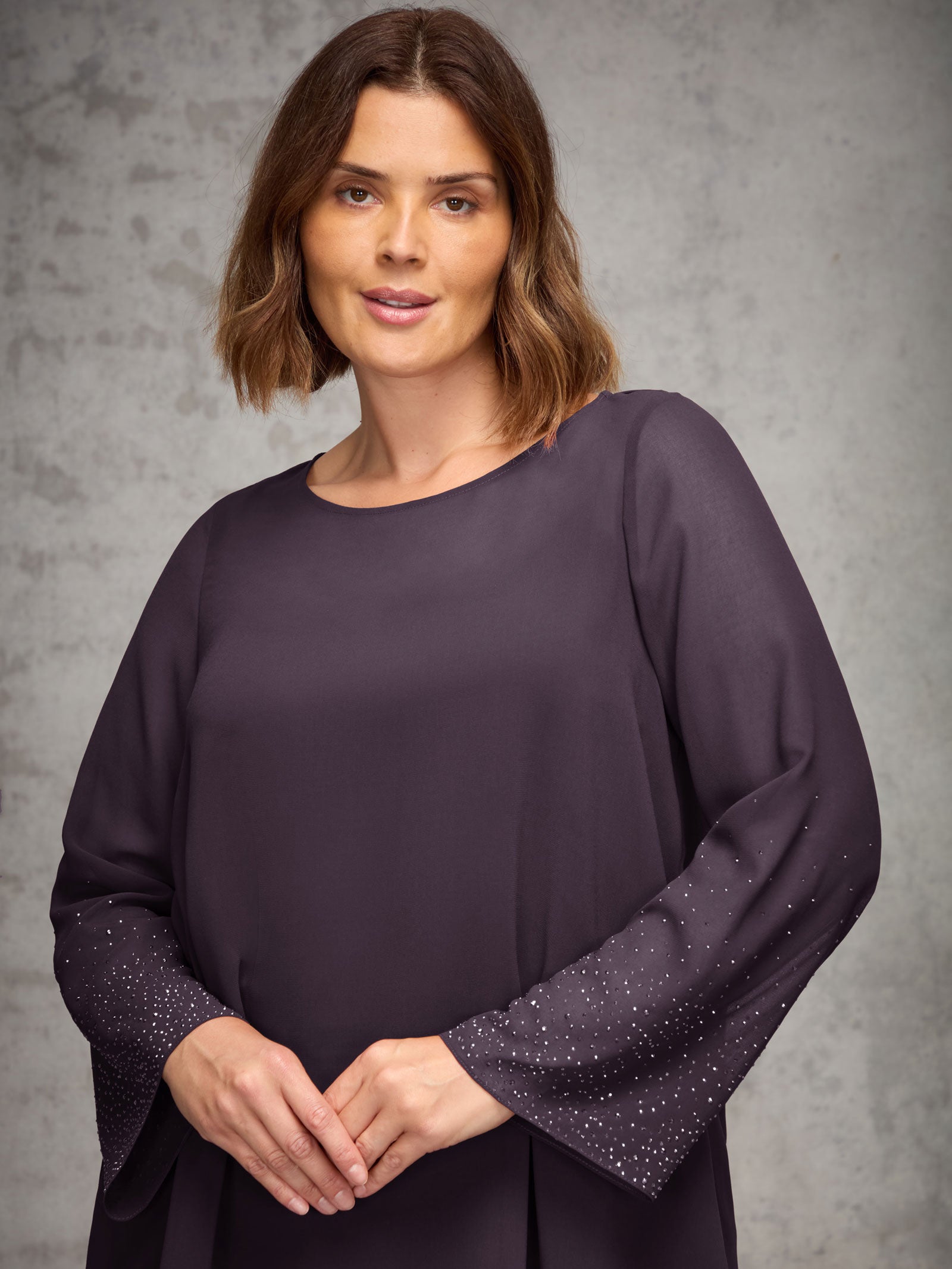 Plum Sheer Embellished Sleeve Layered Tunic