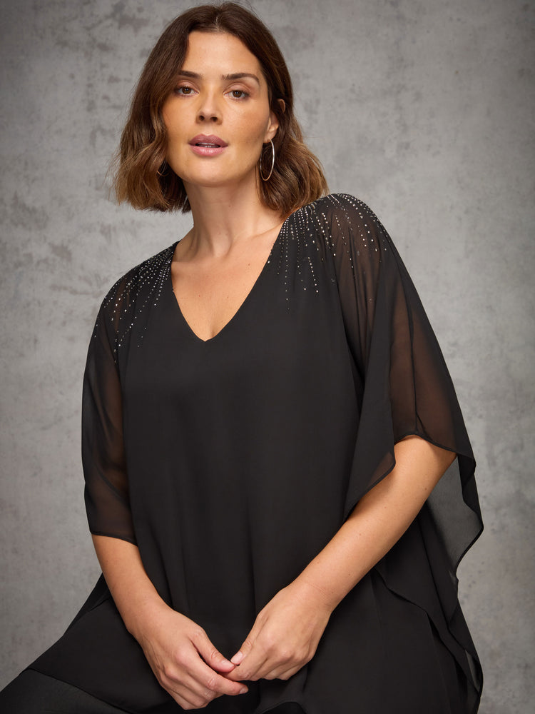 Black Chiffon Hotfix V Neck Overlay Top