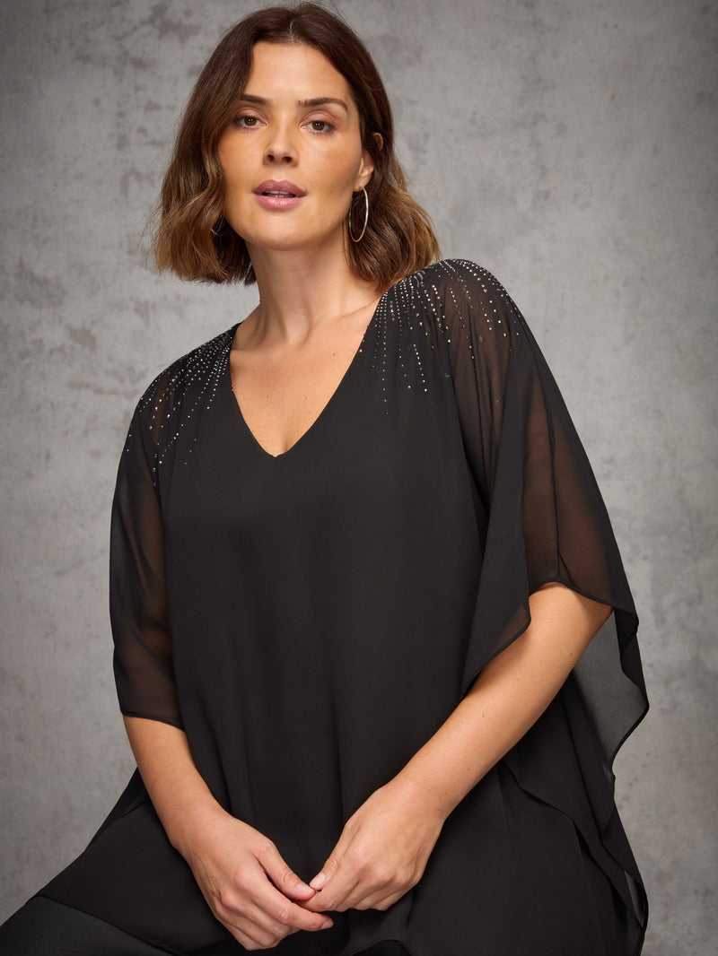 Black Embellished V Neck Overlay Top