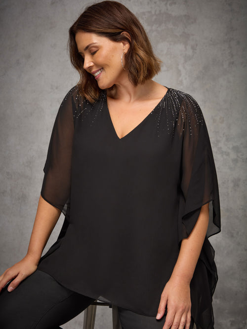Black Chiffon Hotfix V Neck Overlay Top