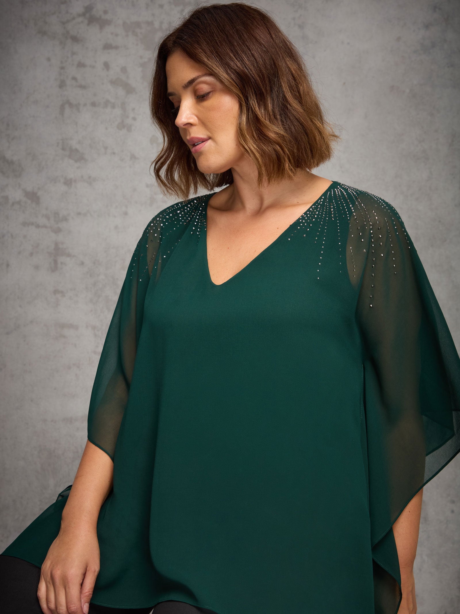 Green Chiffon Hotfix V Neck Overlay Top