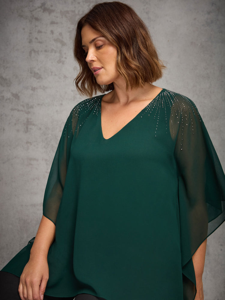 Green Chiffon Hotfix V Neck Overlay Top