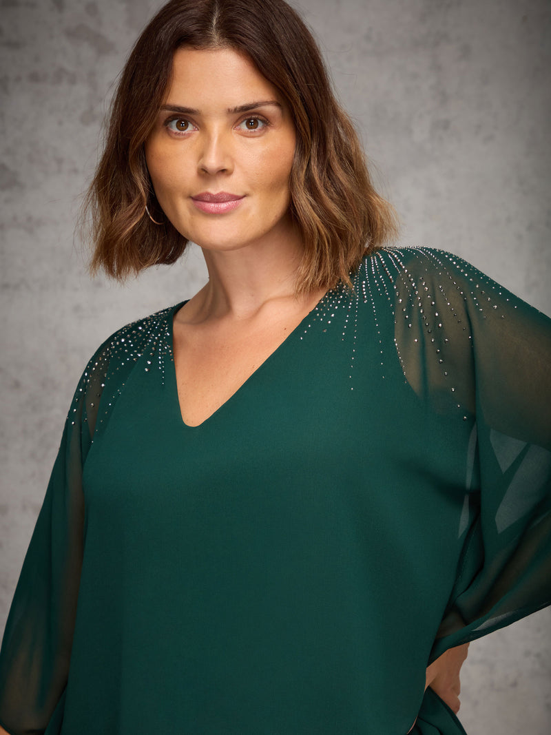Green Embellished V Neck Overlay Top