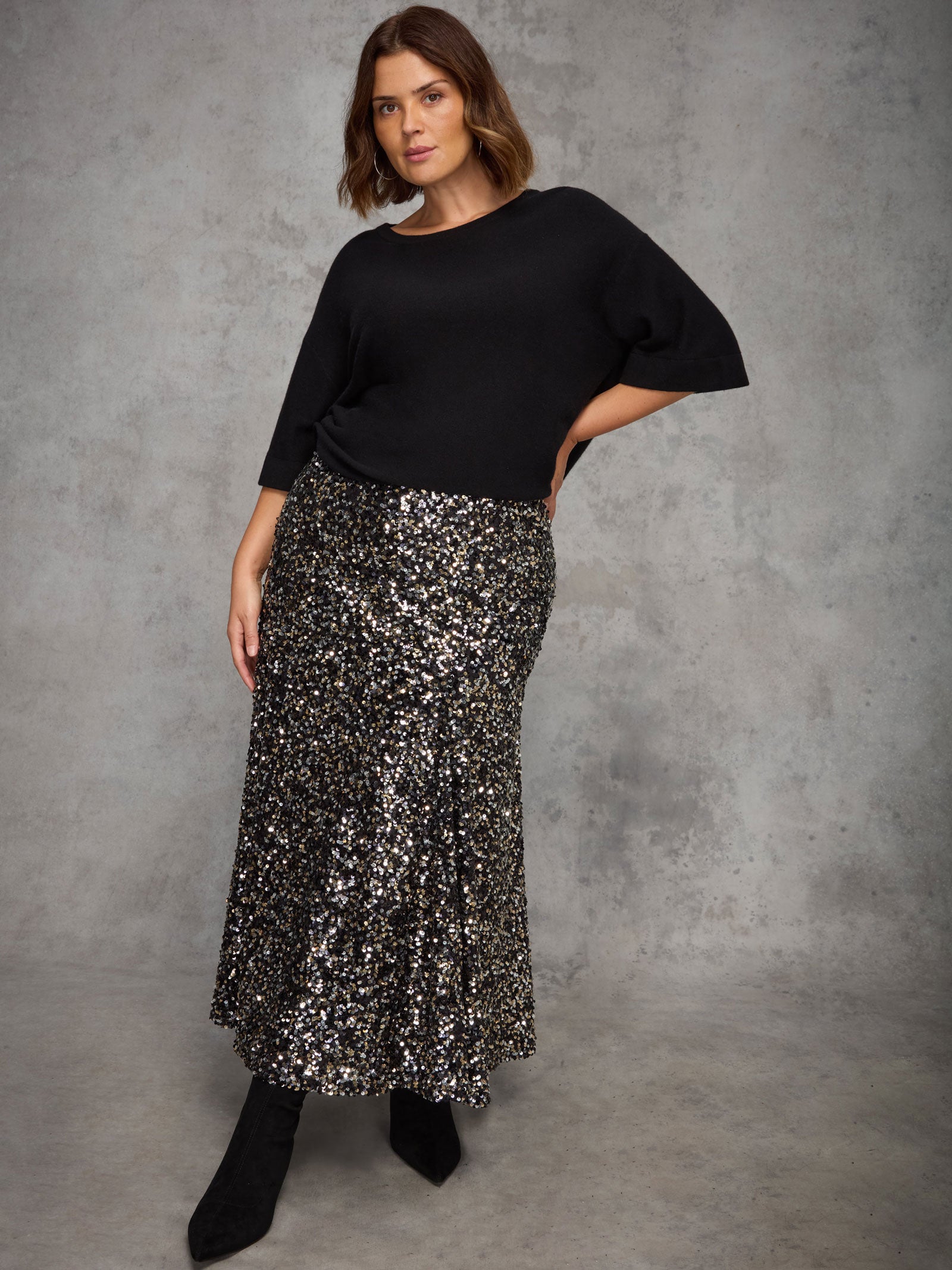 Black Sequin Flared Midaxi Skirt