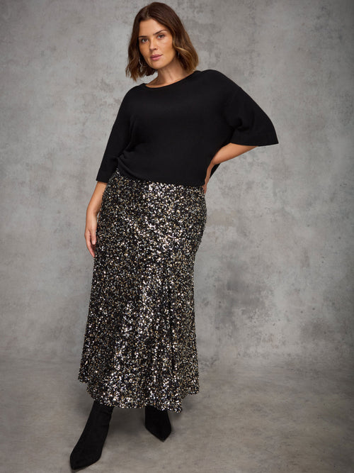 Black Sequin Flared Midaxi Skirt