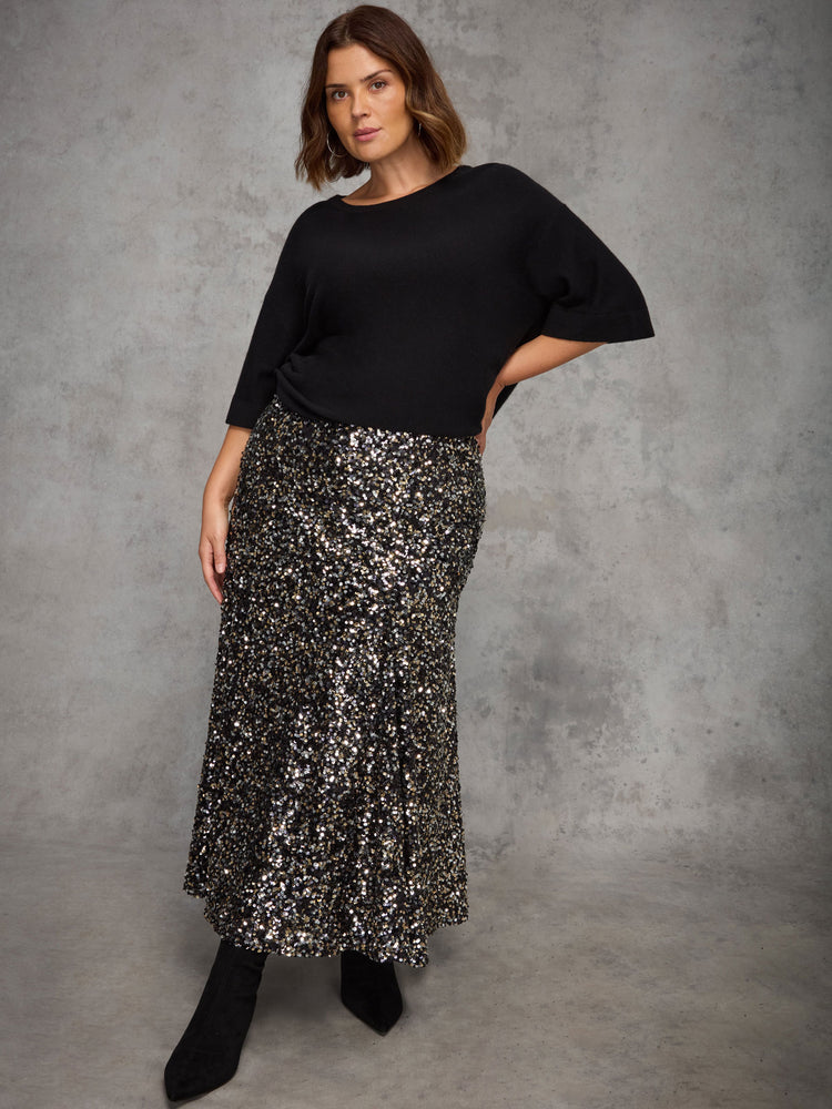 Black Sequin Flared Midaxi Skirt