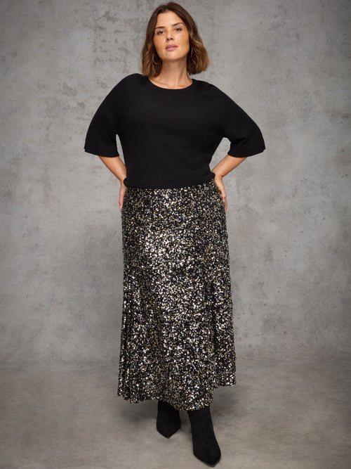 Black Sequin Flared Midaxi Skirt
