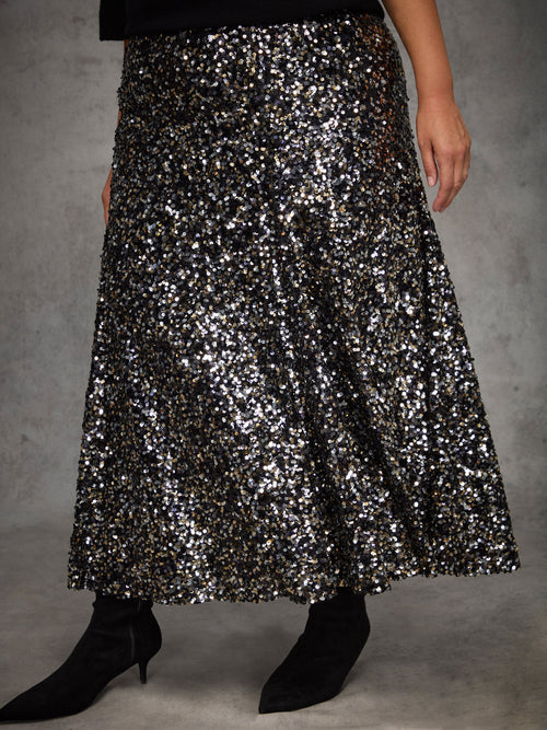Black Sequin Flared Midaxi Skirt