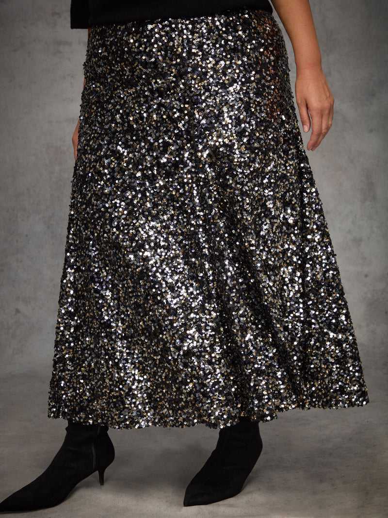 Black Sequin Flared Midaxi Skirt