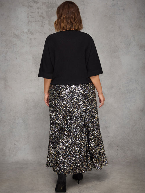 Black Sequin Flared Midaxi Skirt