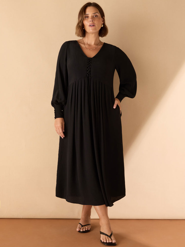 Black Lace Up Blouson Sleeve Midi Dress