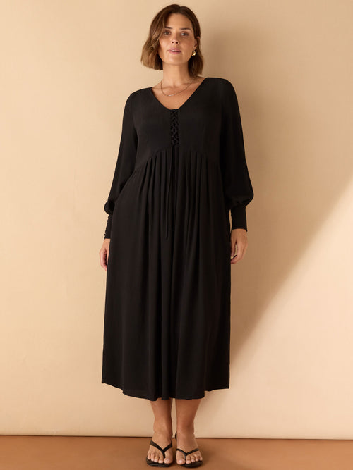Black Lace Up Blouson Sleeve Midi Dress