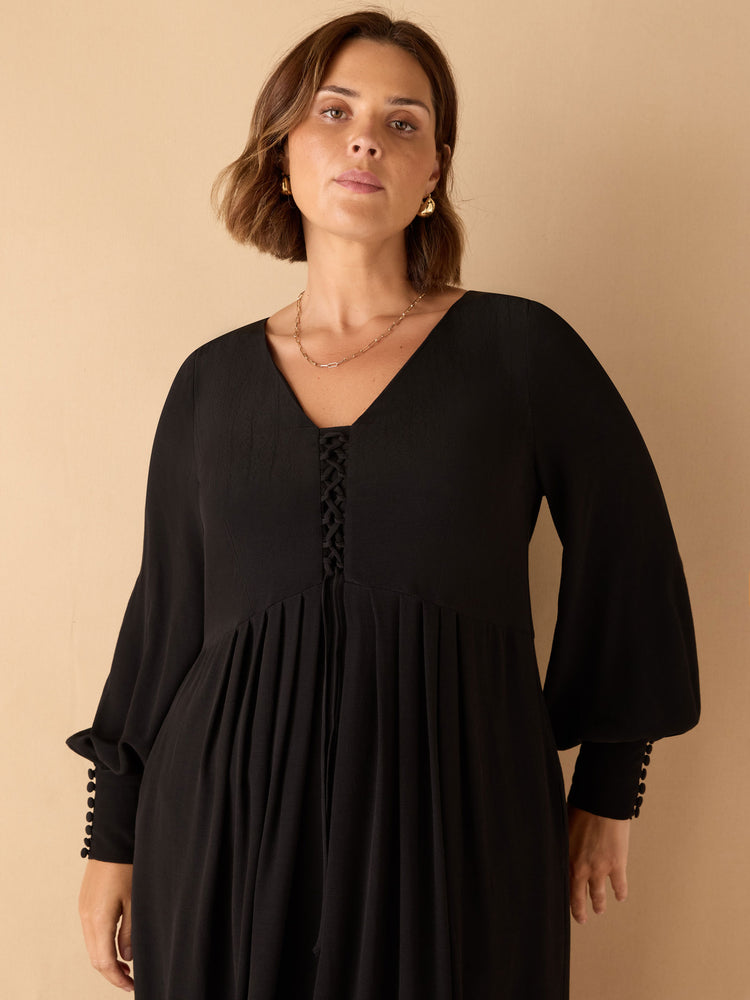 Black Lace Up Blouson Sleeve Midi Dress