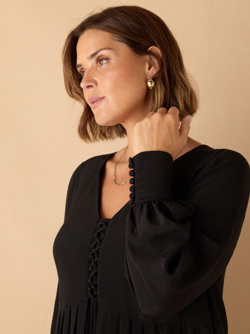 Black Lace Up Blouson Sleeve Midi Dress