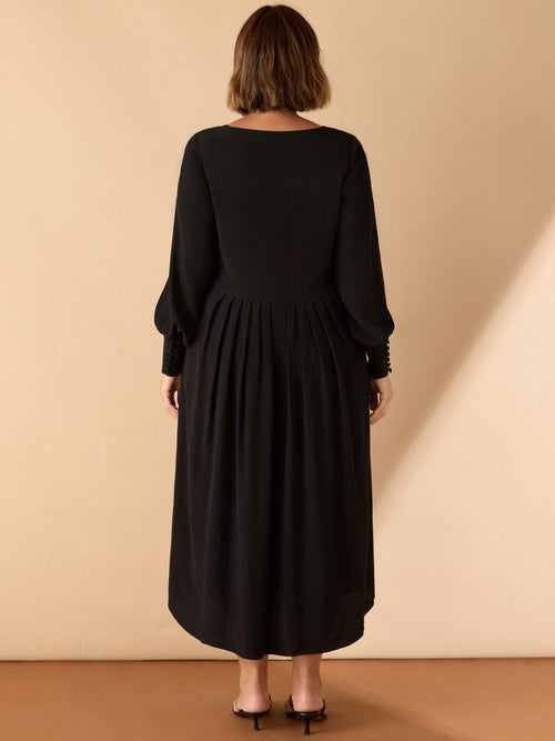 Black Lace Up Blouson Sleeve Midi Dress