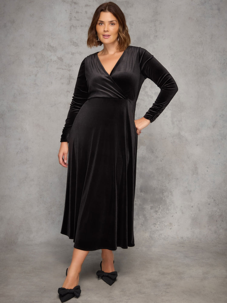Black Velvet Long Sleeve Wrap Dress
