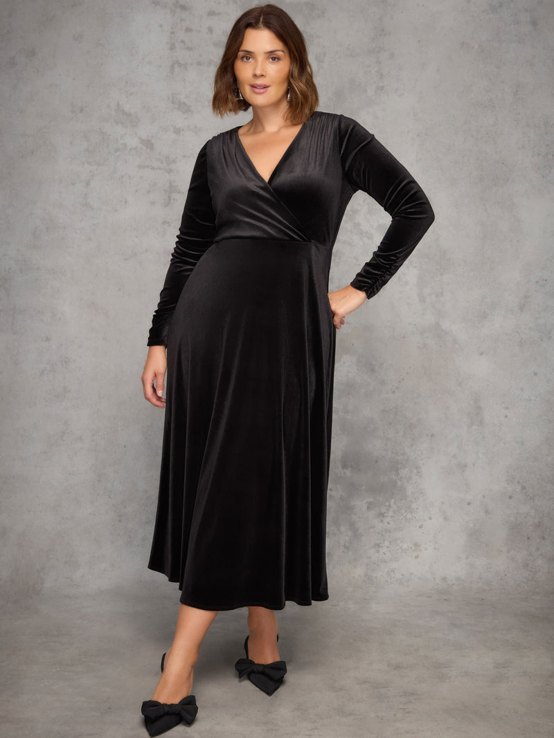 Black Velvet Long Sleeve Wrap Dress