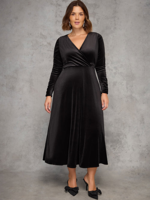 Black Velvet Long Sleeve Wrap Dress