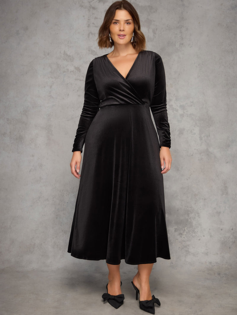 Black Velvet Long Sleeve Wrap Dress