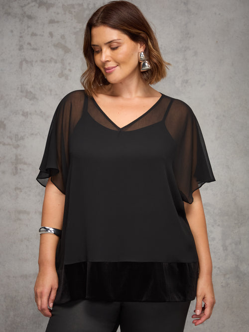 Black Velvet Trim Chiffon Overlay Top