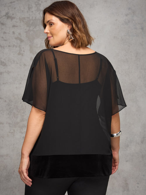 Black Velvet Trim Chiffon Overlay Top