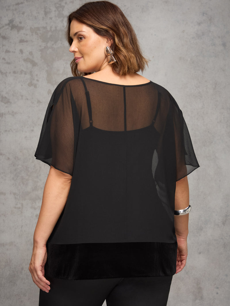 Black Velvet Trim Overlay Top
