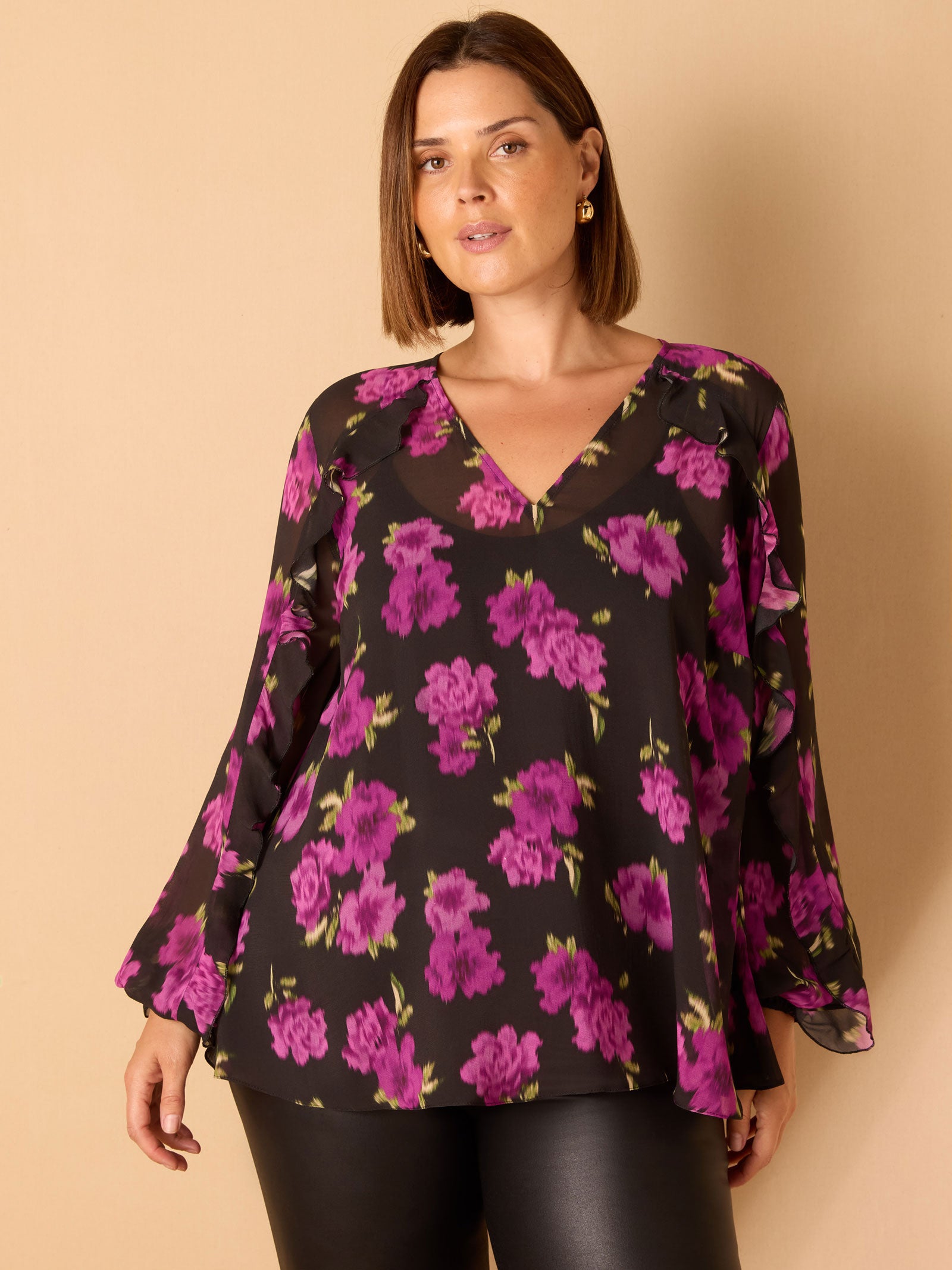 Purple Floral Print V Neck Ruffle Blouse