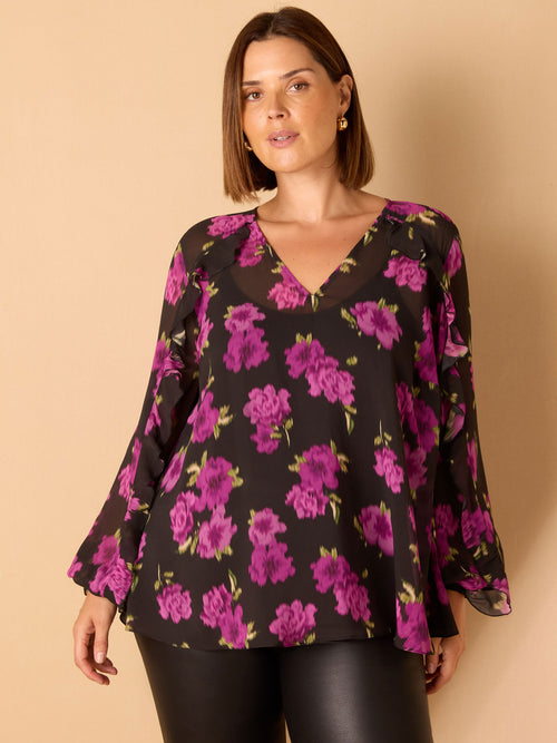 Purple Floral Print V Neck Ruffle Blouse
