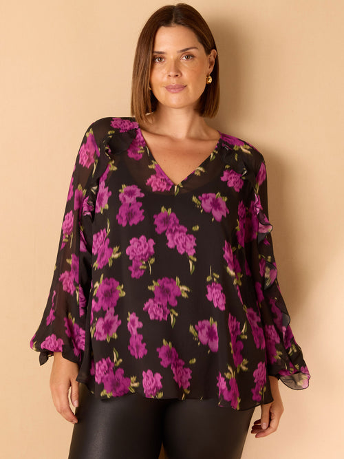 Purple Floral Print V Neck Ruffle Blouse