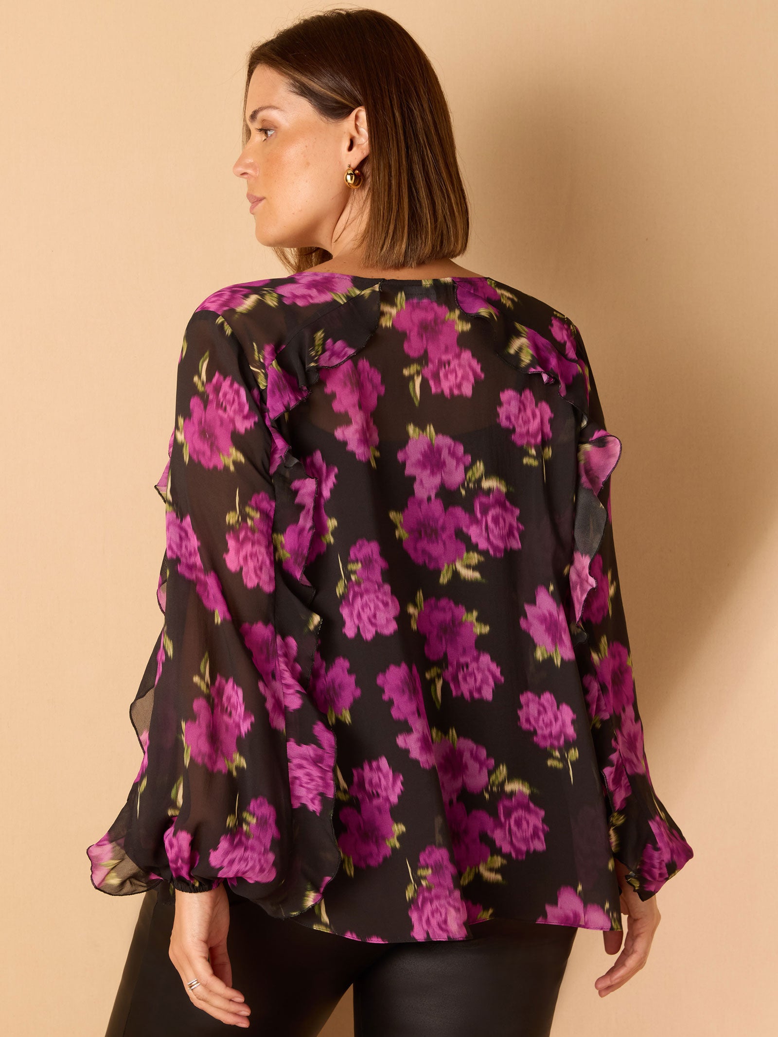 Purple Floral Print V Neck Ruffle Blouse