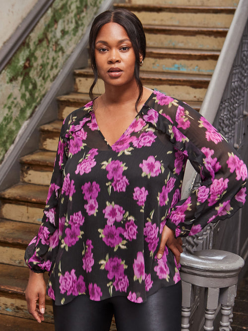 Purple Floral Print V Neck Ruffle Blouse