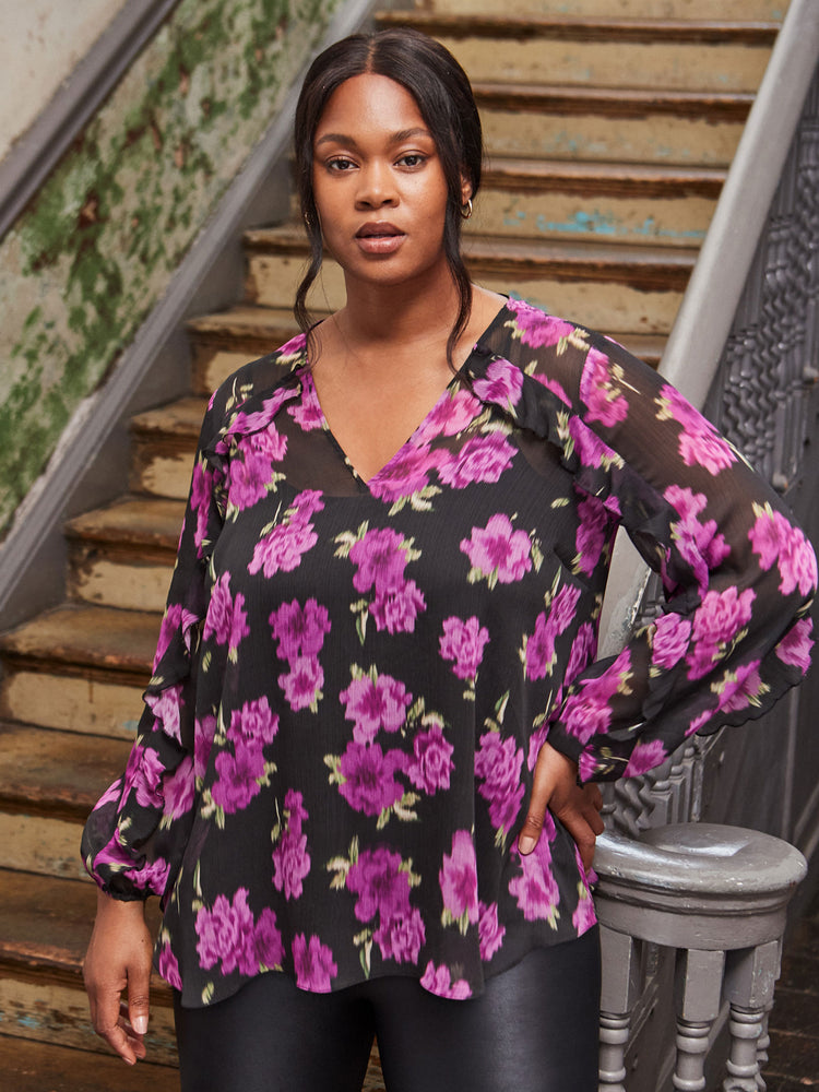 Purple Floral Print V Neck Ruffle Blouse