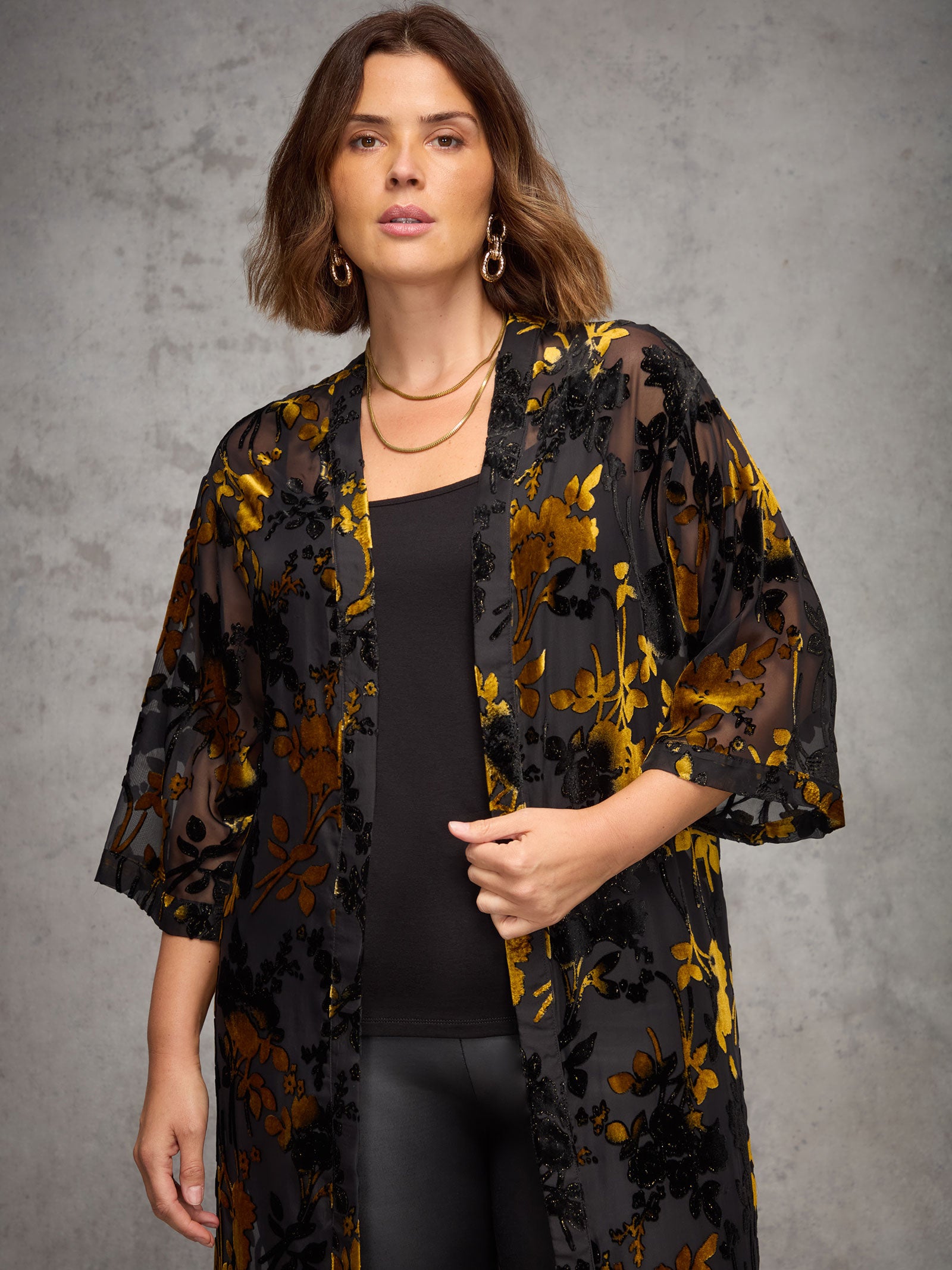 Gold Floral Devore Longline Fringe Kimono