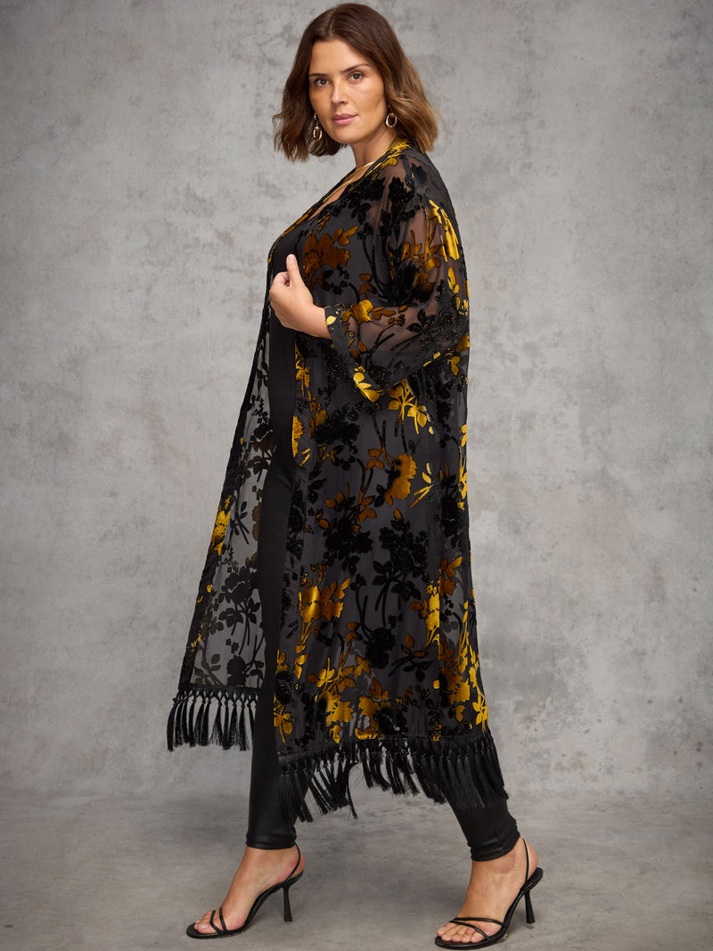 Gold Floral Devore Longline Fringe Kimono