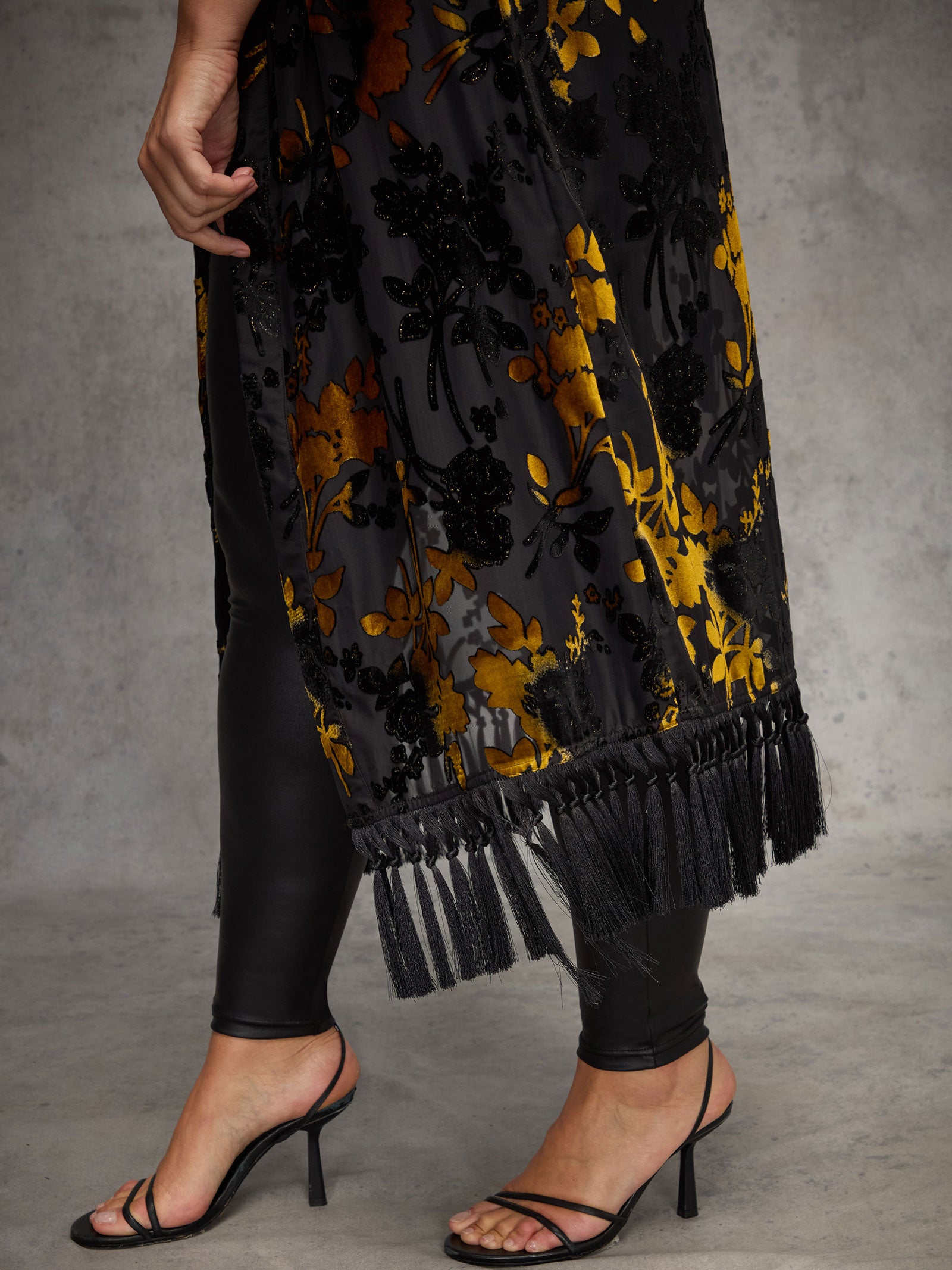 Gold Floral Devore Longline Fringe Kimono