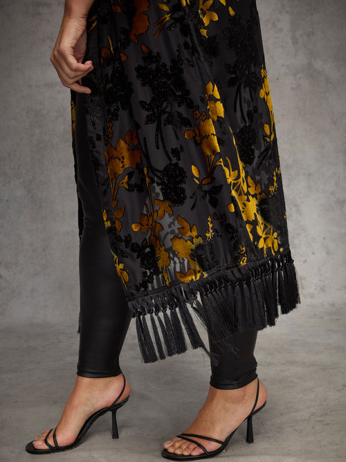 Gold Devore Longline Fringe Kimono