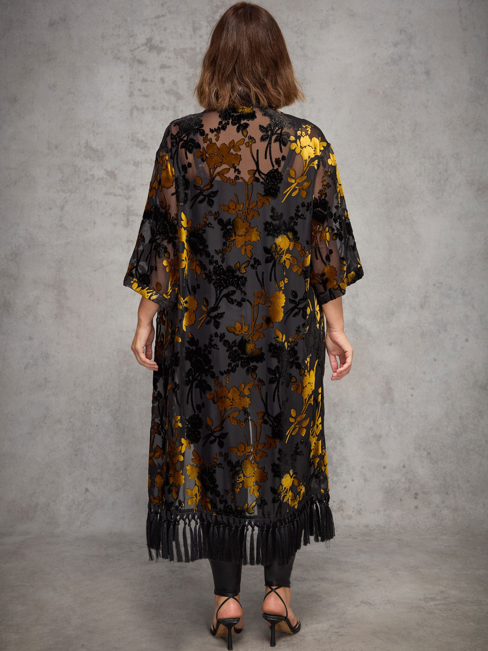 Gold Floral Devore Longline Fringe Kimono