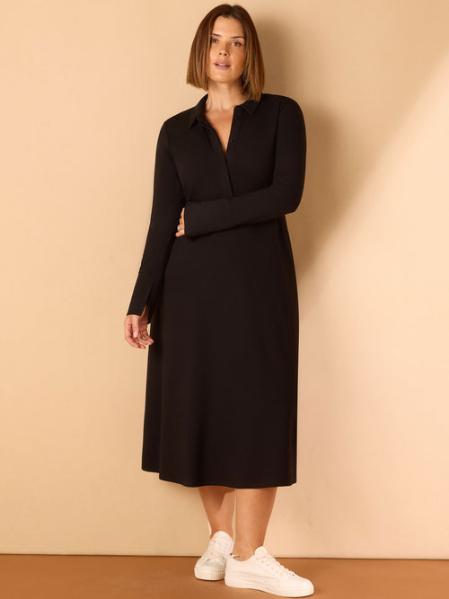 Black Polo Collar Jersey Midi Dress