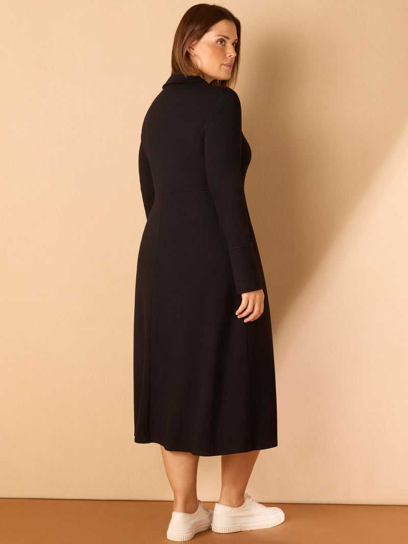 Black Polo Collar Jersey Midi Dress