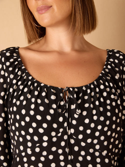 Black Spot Scoop Neck Shirred Sleeve Dress