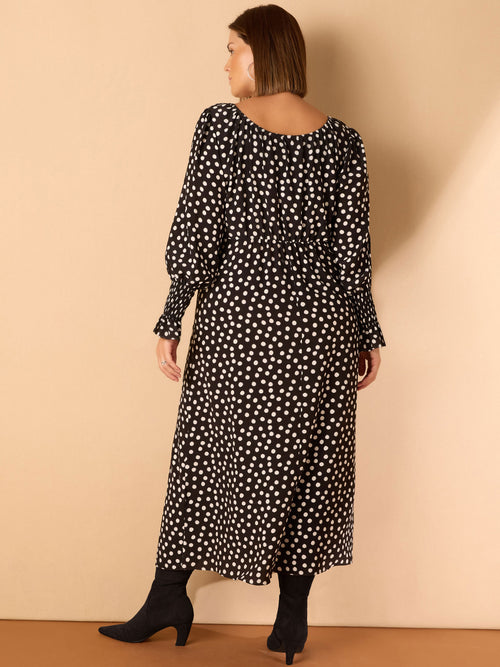 Black Spot Scoop Neck Shirred Sleeve Dress