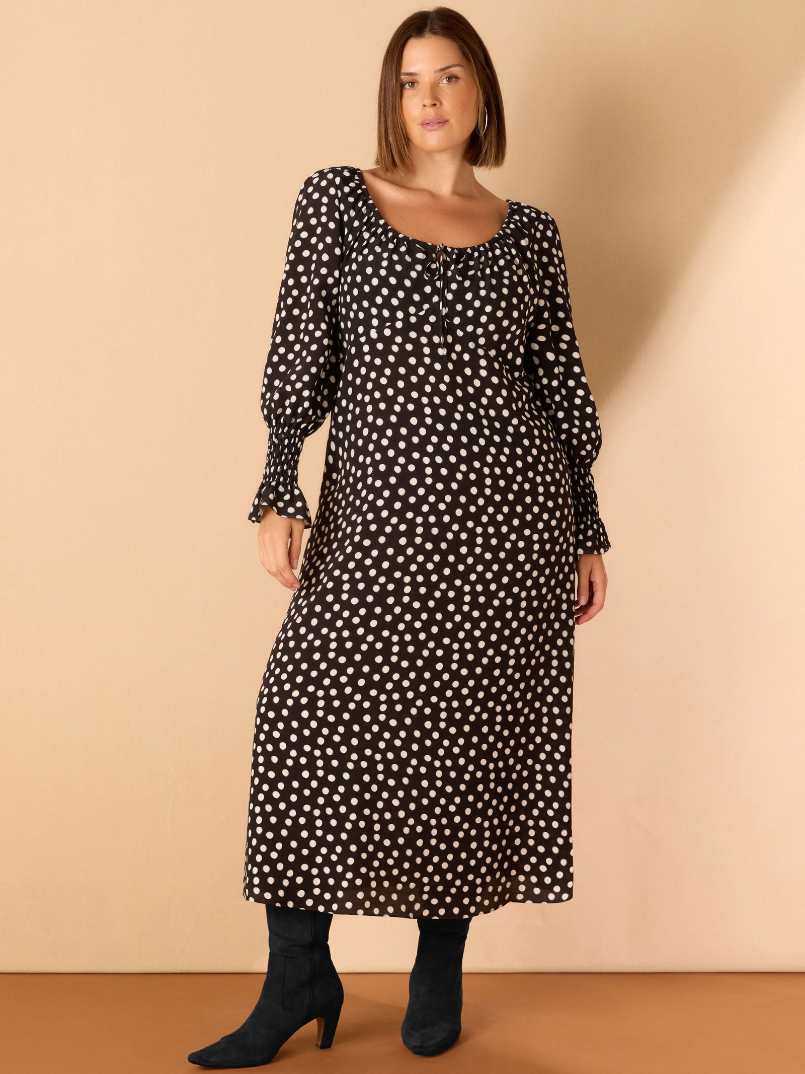 Black Spot Scoop Neck Shirred Sleeve Dress