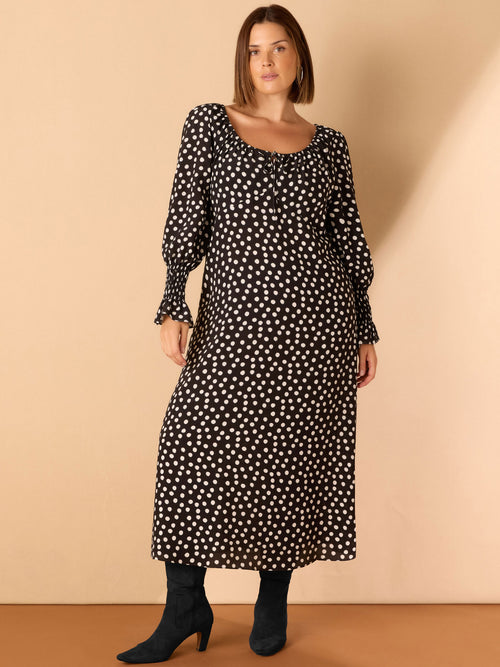 Black Spot Scoop Neck Shirred Sleeve Dress