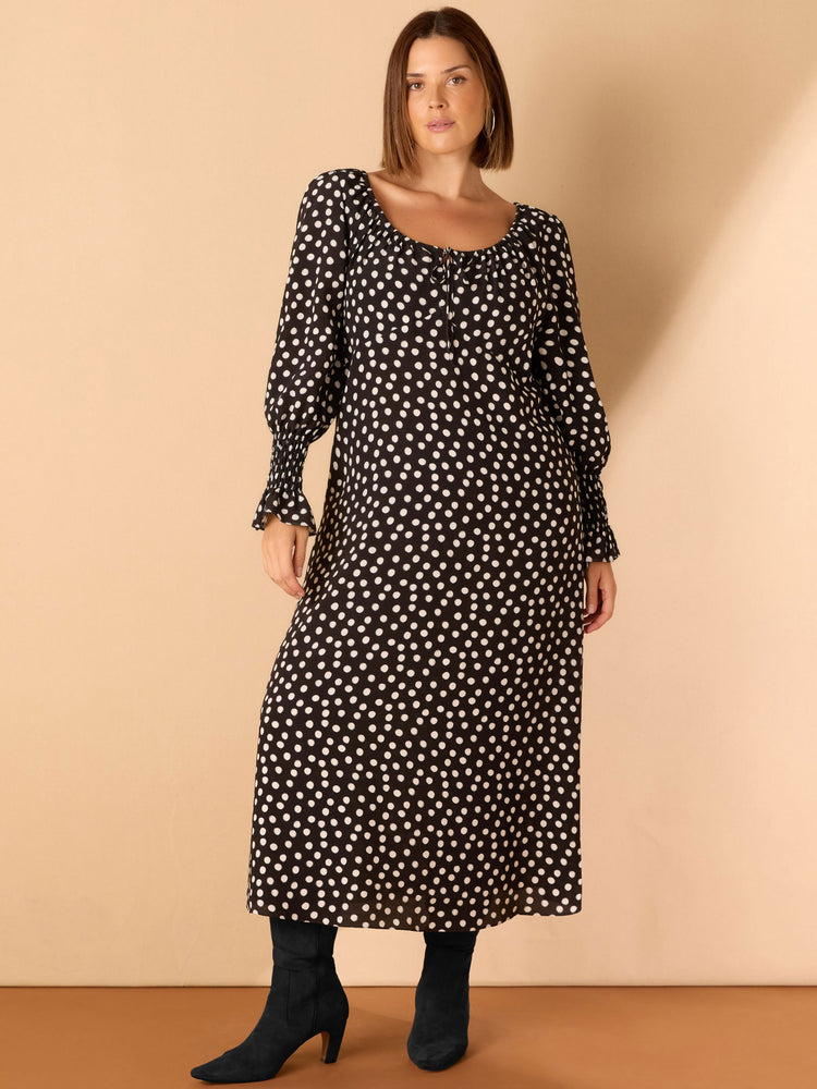 Black Spot Scoop Neck Shirred Sleeve Dress